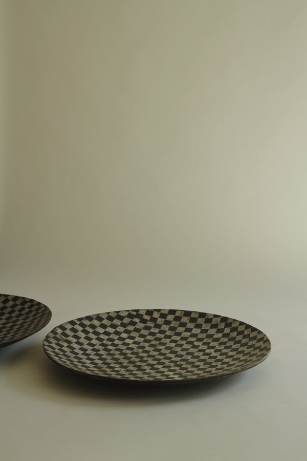 Pair of Large Black and White Checkered Plates