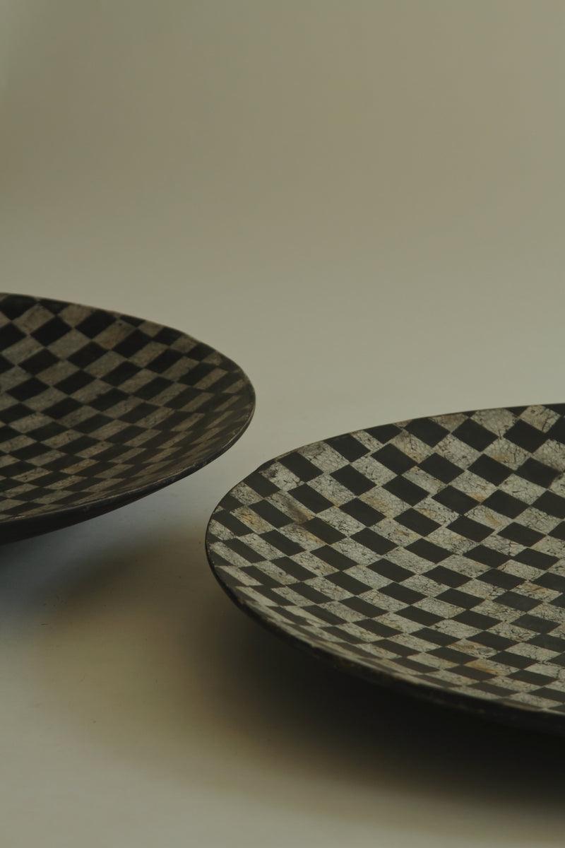 Pair of Large Black and White Checkered Plates